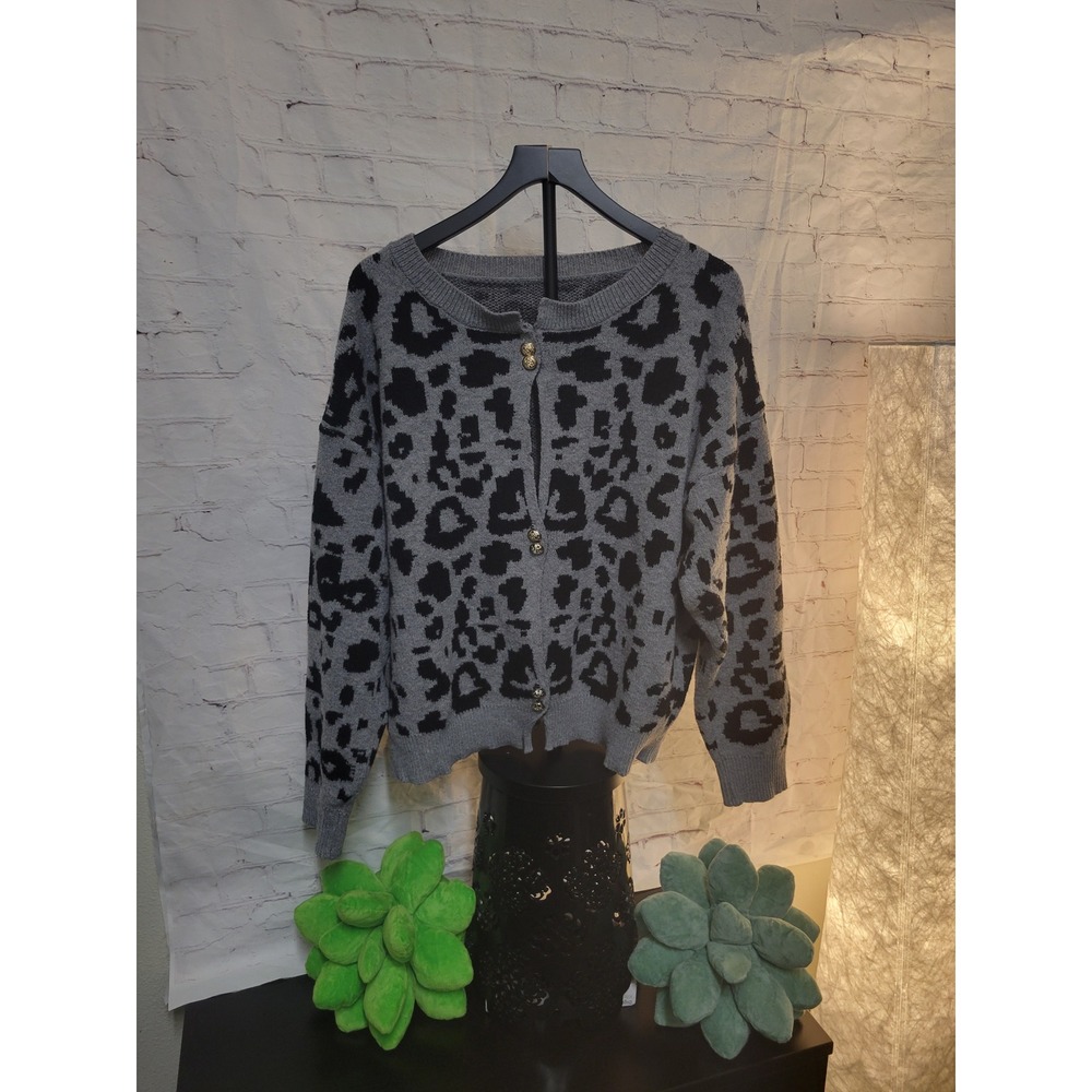 Grey Leopard Print Cardigan Sweater Gold Buttons Animal Print Knit 4XL